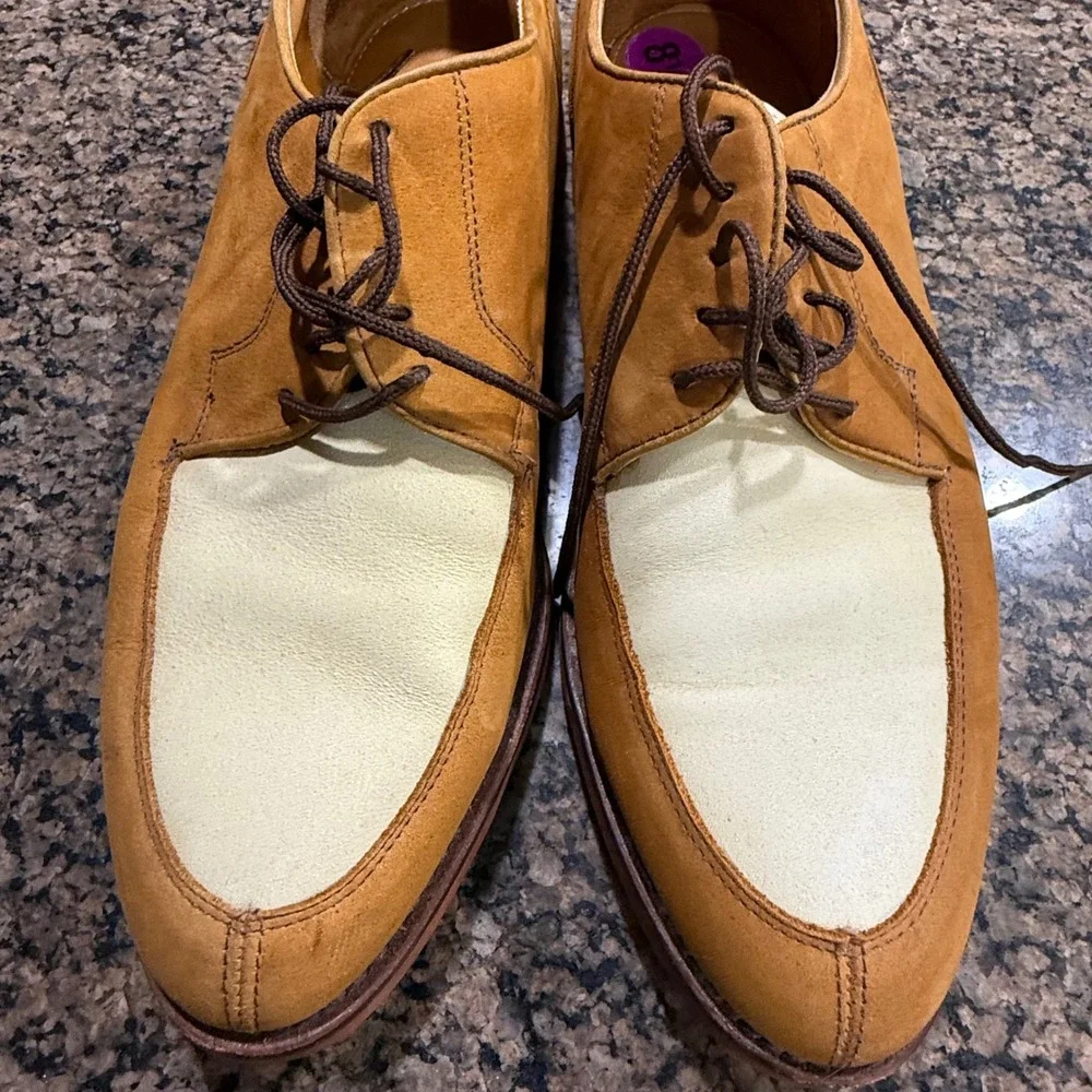 Cole Haan Mens 8.5 Two Tone Suede Leather Buck Oxfords Tan‎ Cream Made in USA